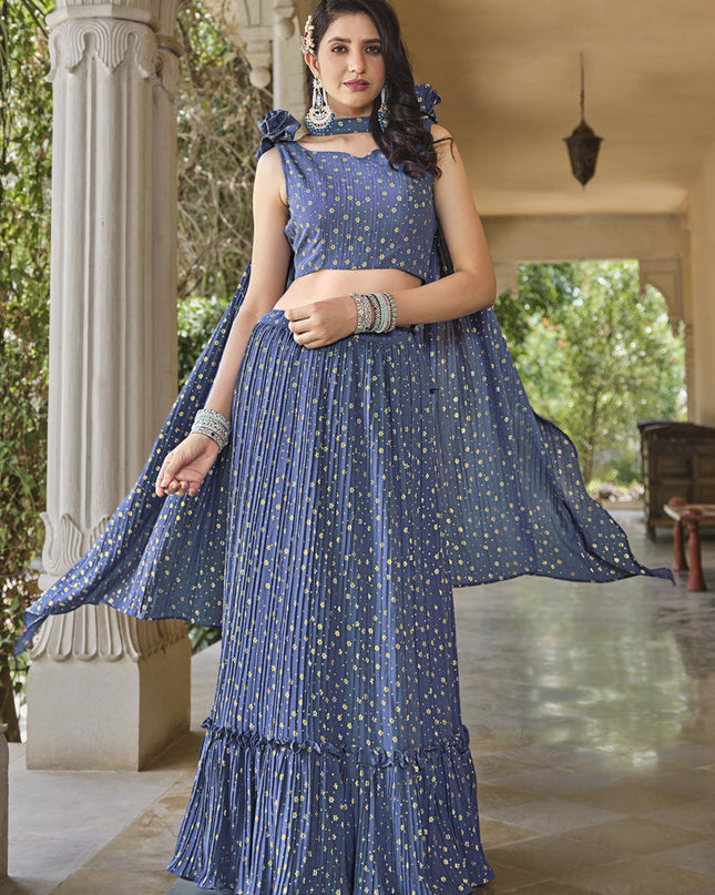Denim Blue Crushed Georgette Readymade Lehenga Choli