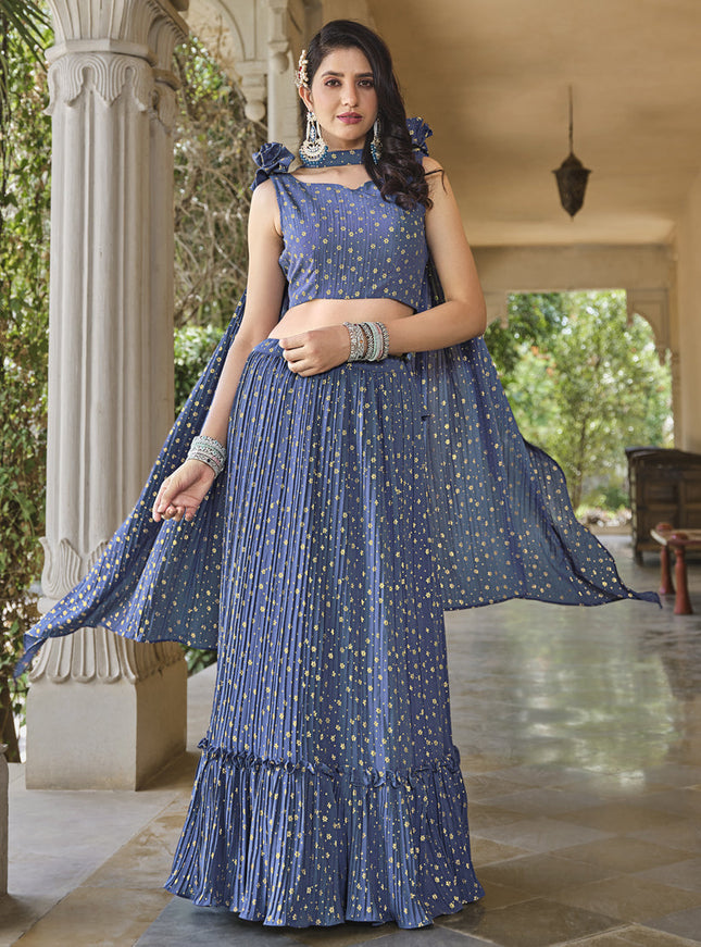 Denim Blue Crushed Georgette Readymade Lehenga Choli