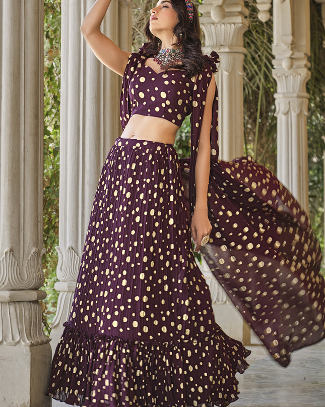 Burgundy Crushed Georgette Readymade Lehenga Choli