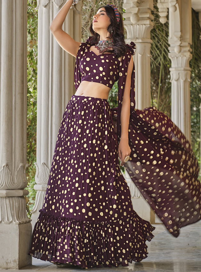 Burgundy Crushed Georgette Readymade Lehenga Choli