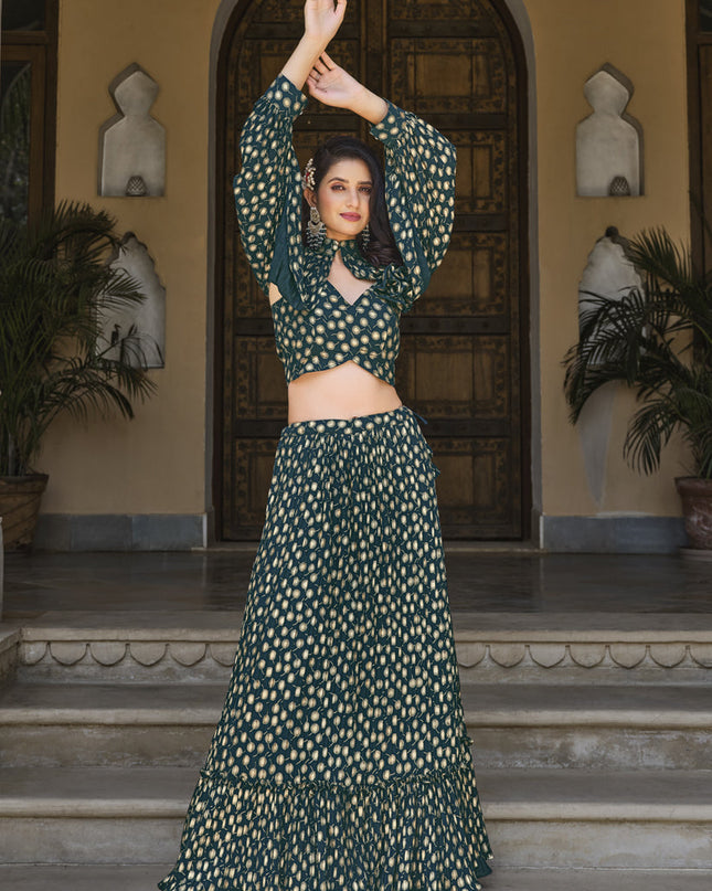 Teal Green Crushed Georgette Readymade Lehenga Choli