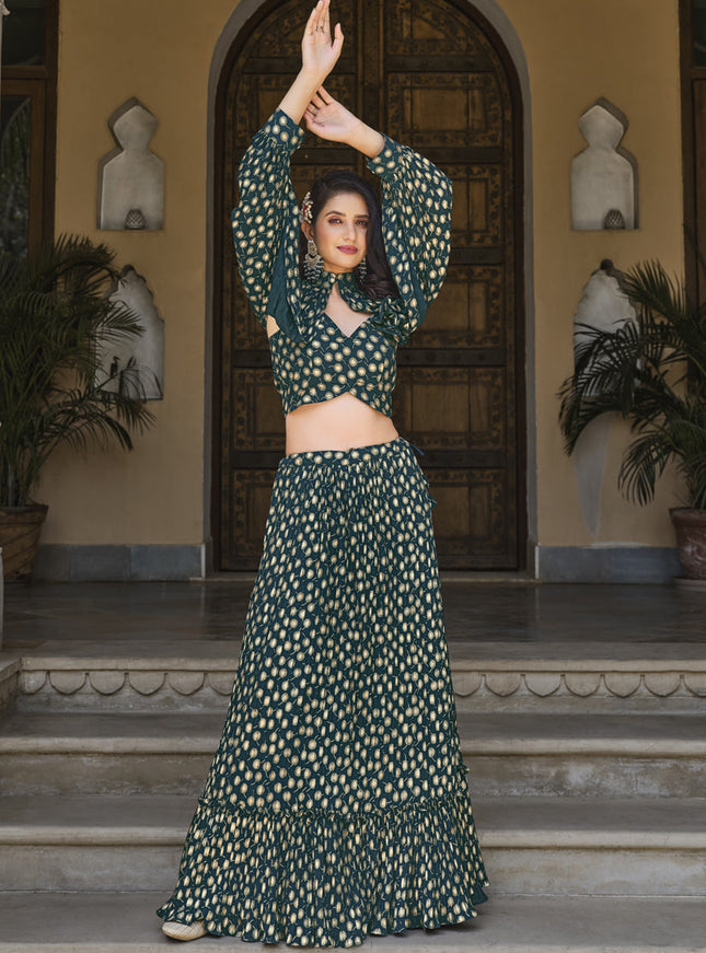 Teal Green Crushed Georgette Readymade Lehenga Choli