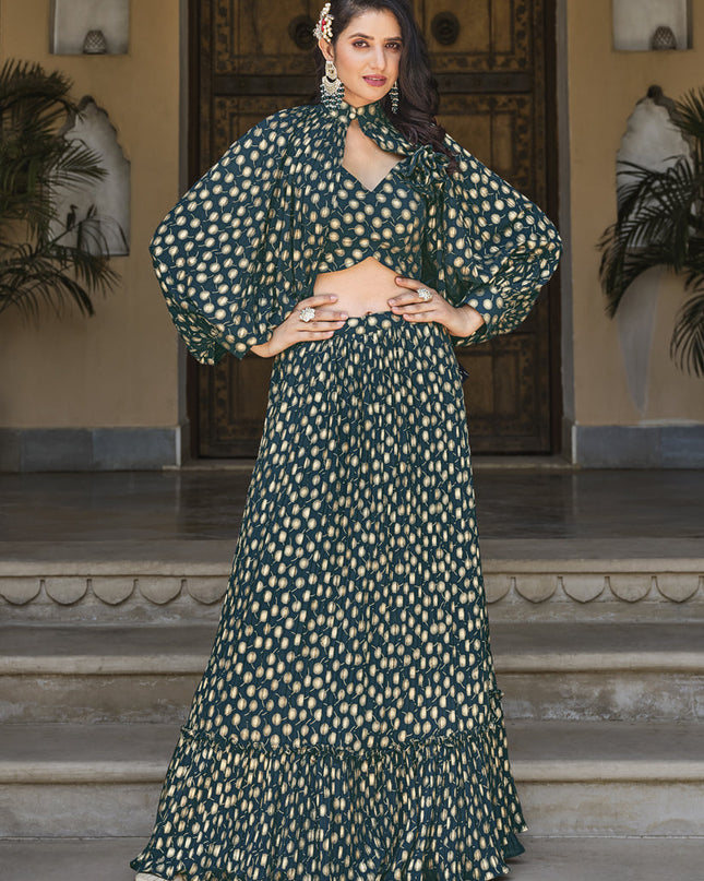 Teal Green Crushed Georgette Readymade Lehenga Choli