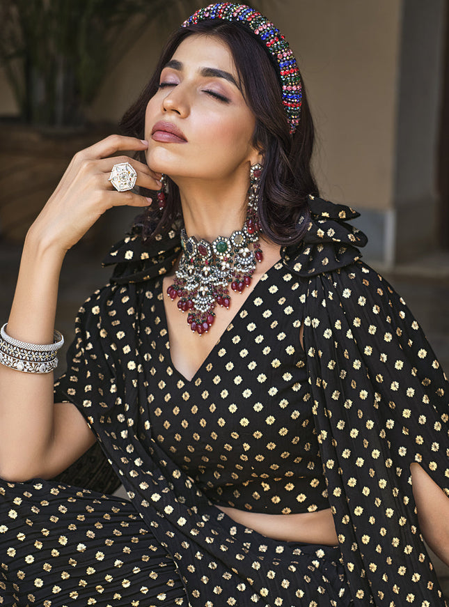 Black Crushed Georgette Readymade Lehenga Choli