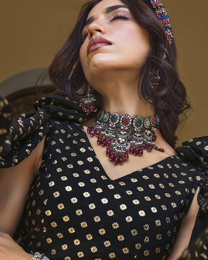 Black Crushed Georgette Readymade Lehenga Choli