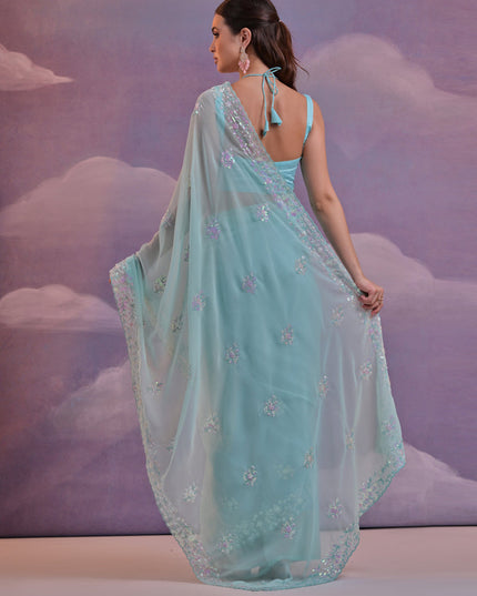 Sky Blue Georgette Embroidered Saree For Festival
