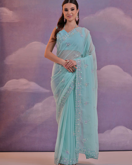 Sky Blue Georgette Embroidered Saree For Festival