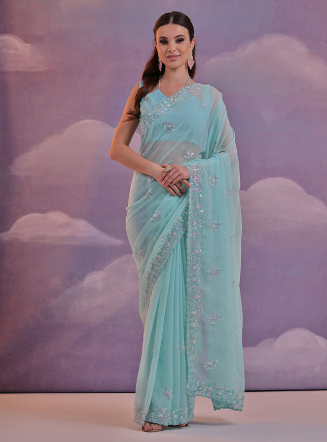Sky Blue Georgette Embroidered Saree For Festival