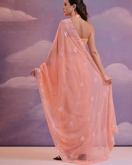 Salmon Orange Georgette Embroidered Saree For Festival