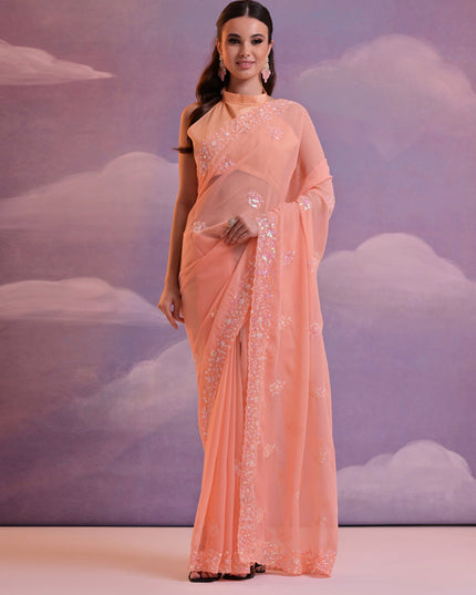 Salmon Orange Georgette Embroidered Saree For Festival