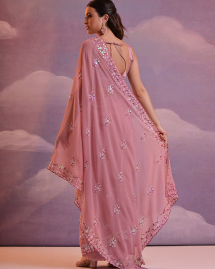 Old Rose Pink Georgette Embroidered Saree For Festival