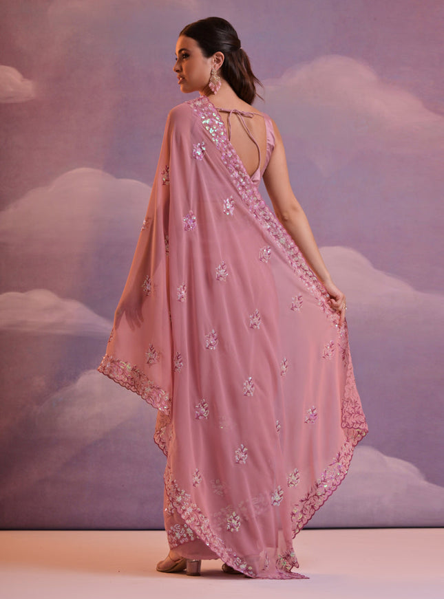 Old Rose Pink Georgette Embroidered Saree For Festival