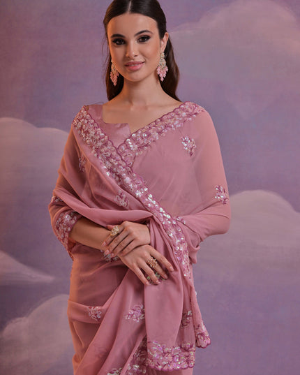 Old Rose Pink Georgette Embroidered Saree For Festival