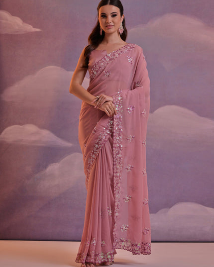 Old Rose Pink Georgette Embroidered Saree For Festival