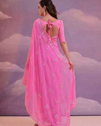Neon Pink Georgette Embroidered Saree For Festival