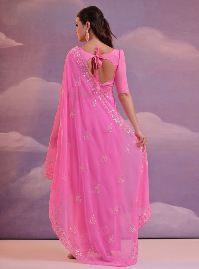 Neon Pink Georgette Embroidered Saree For Festival
