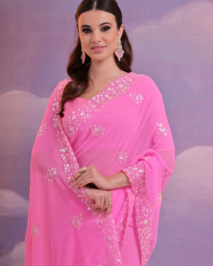 Neon Pink Georgette Embroidered Saree For Festival