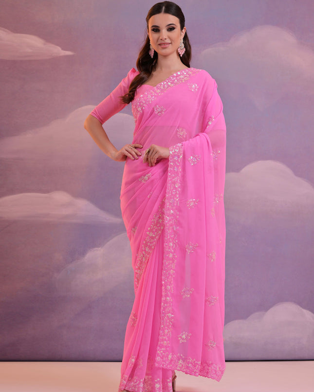 Neon Pink Georgette Embroidered Saree For Festival