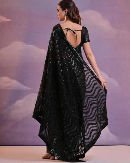 Black Georgette Sequined Party Wear Saree