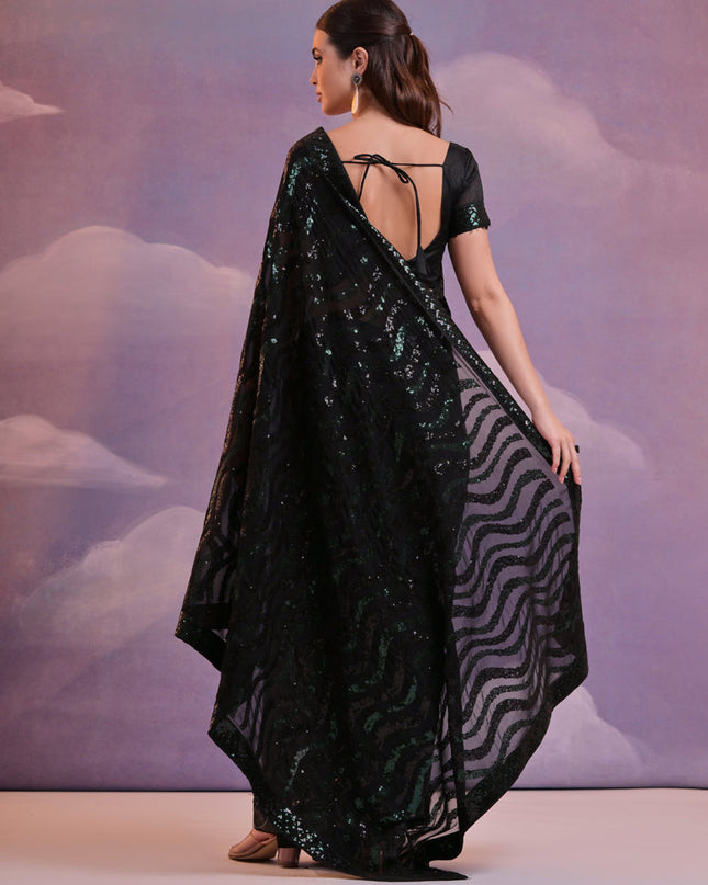 Black Georgette Sequined Party Wear Saree