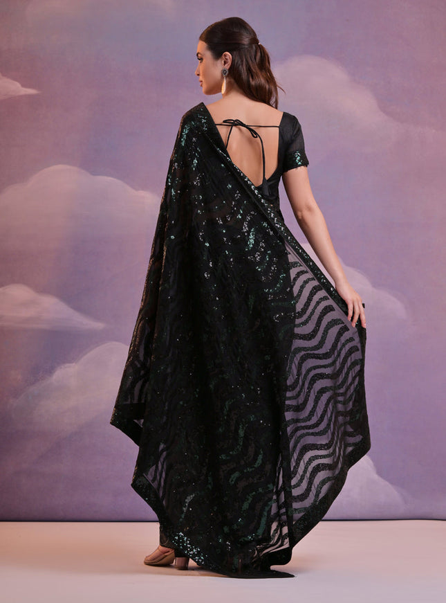 Black Georgette Sequined Party Wear Saree