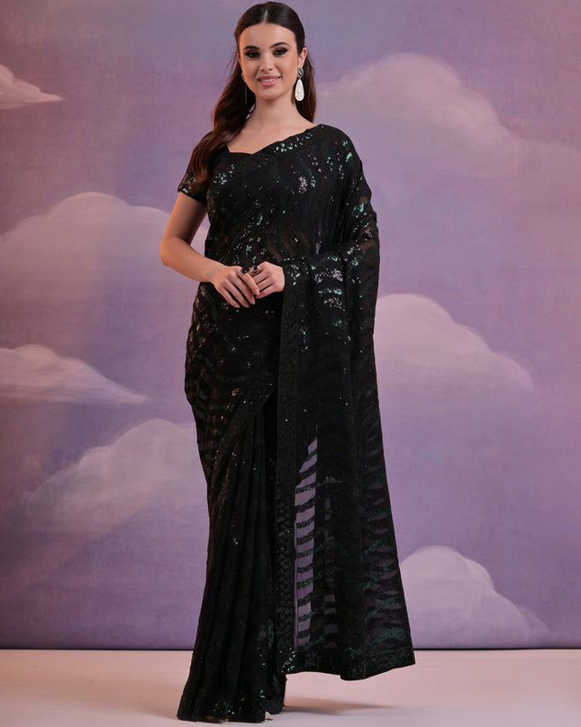 Black Georgette Sequined Party Wear Saree