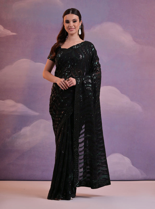 Black Georgette Sequined Party Wear Saree