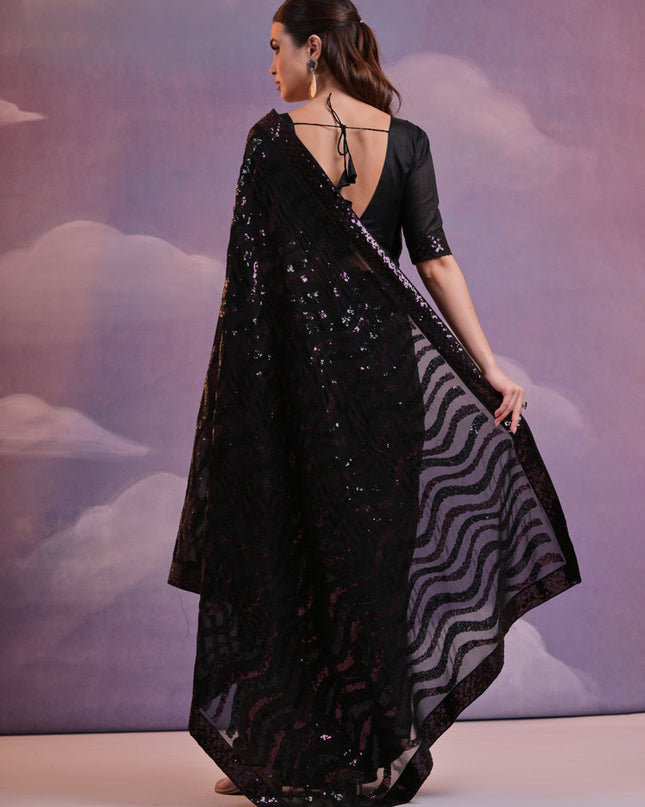 Black Georgette Sequined Party Wear Saree
