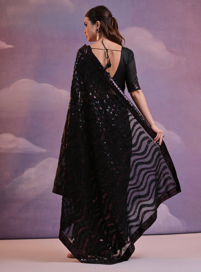 Black Georgette Sequined Party Wear Saree
