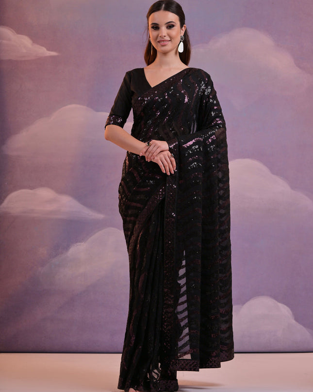 Black Georgette Sequined Party Wear Saree