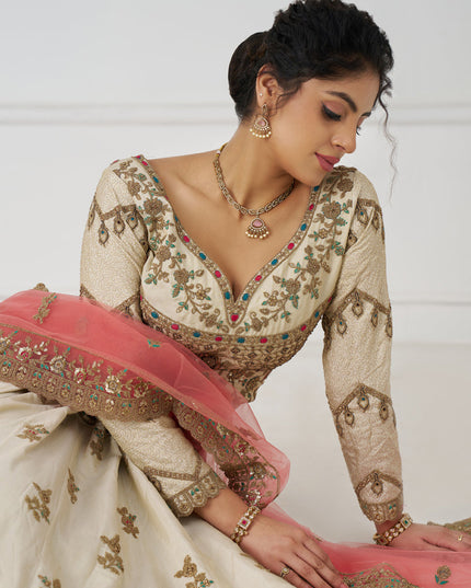 Fascinating Off White Heavy Embroidered Silk Bridesmaid Lehenga Choli
