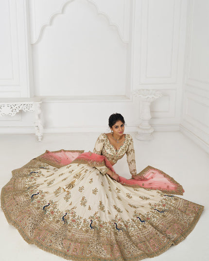 Fascinating Off White Heavy Embroidered Silk Bridesmaid Lehenga Choli