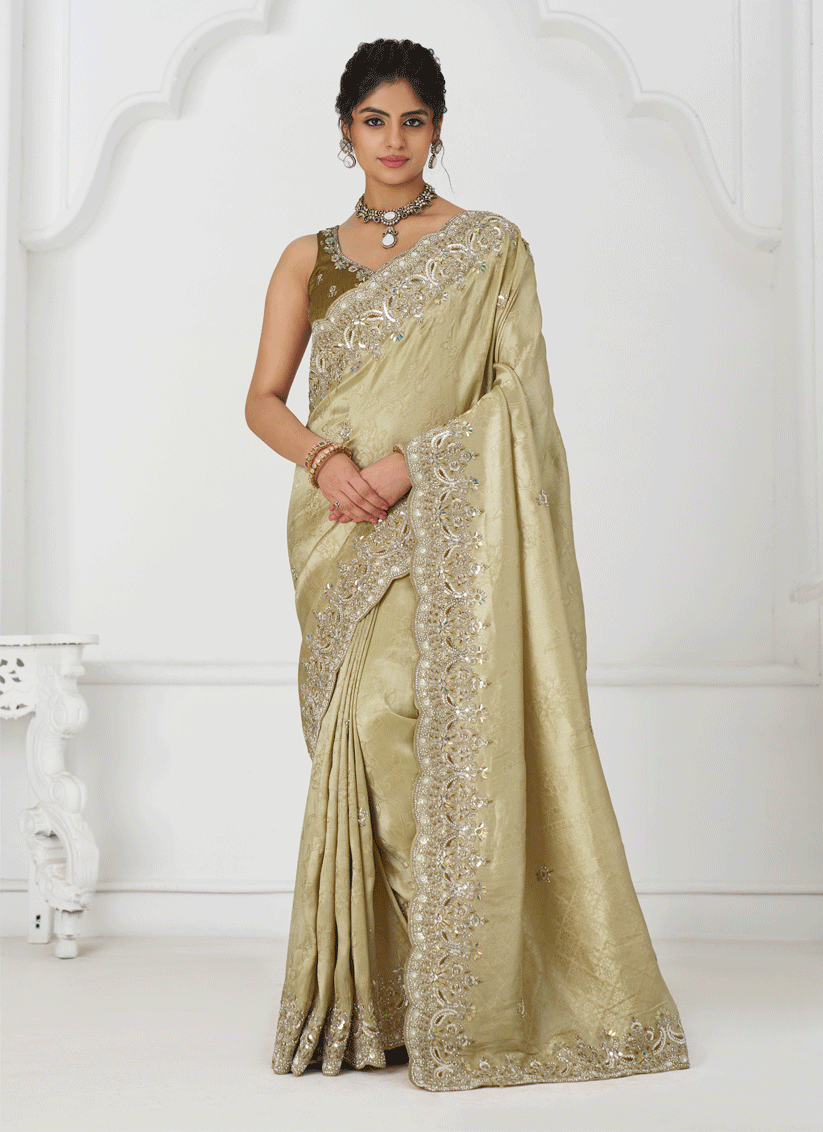Chiku Viscose Silk Sequins Saree Engagement Wedding Functions