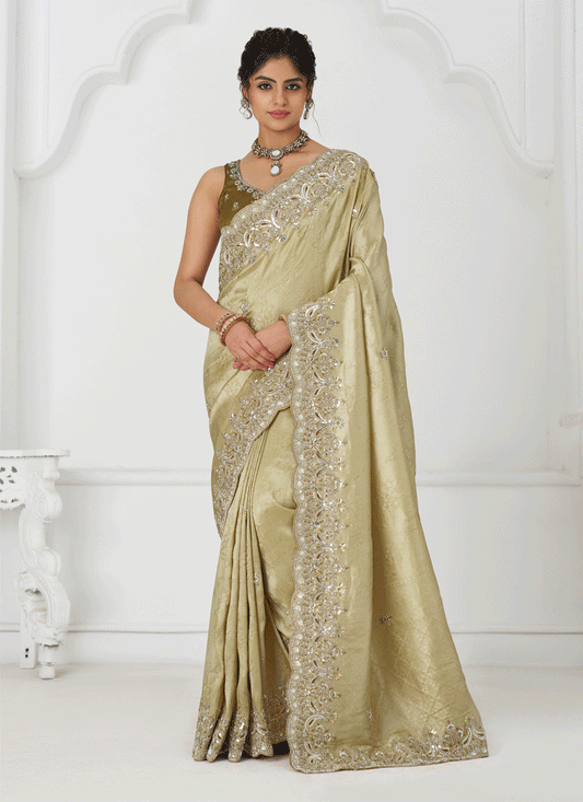 Chiku Viscose Silk Sequins Saree Engagement Wedding Functions