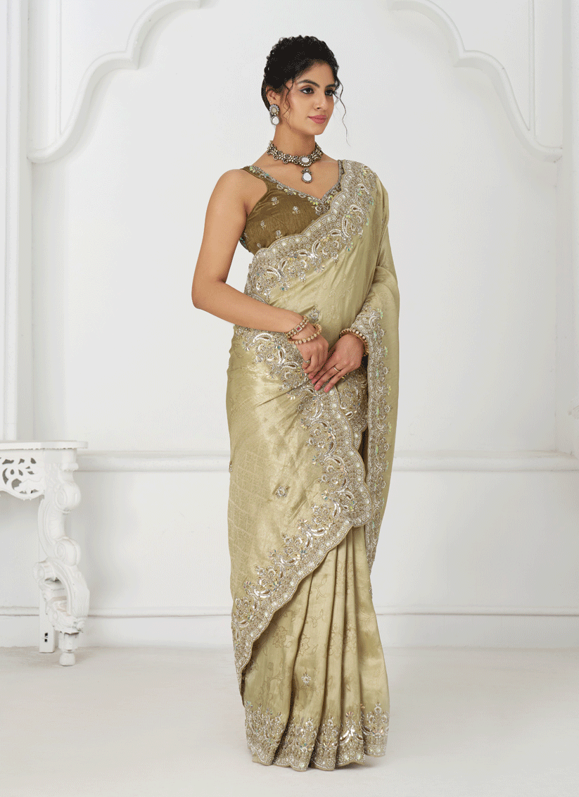 Chiku Viscose Silk Sequins Saree Engagement Wedding Functions