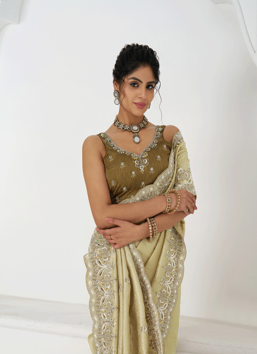 Chiku Viscose Silk Sequins Saree Engagement Wedding Functions