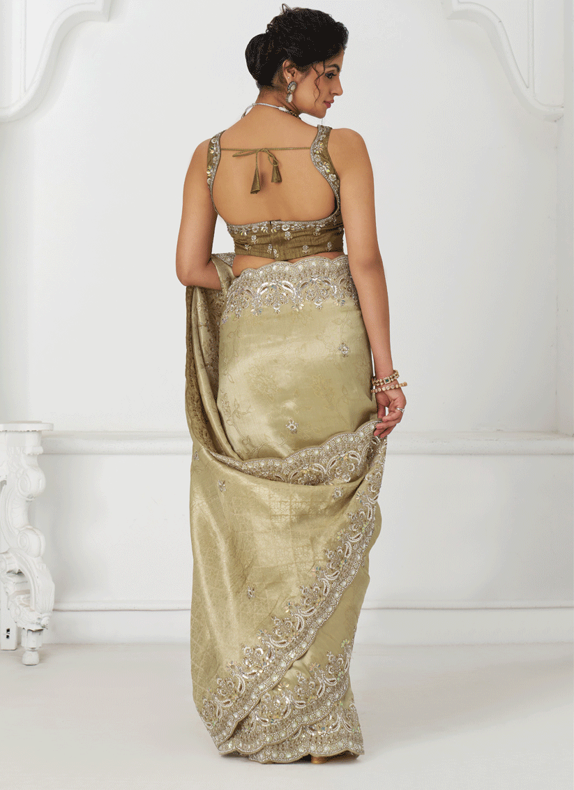 Chiku Viscose Silk Sequins Saree Engagement Wedding Functions