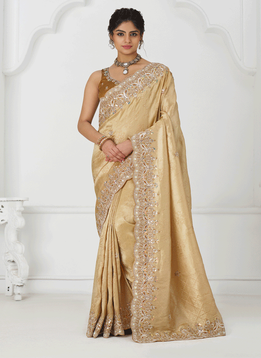 Beige Viscose Silk Sequins Saree Engagement Wedding Functions