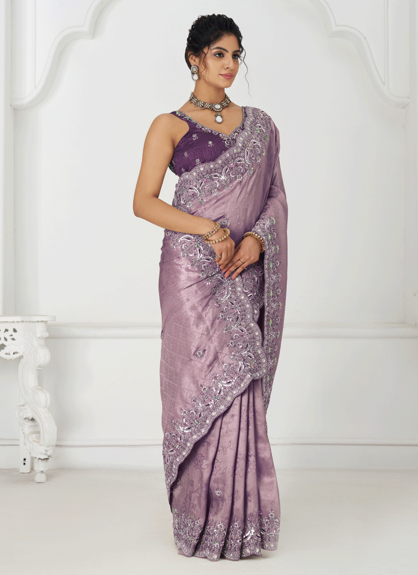 Lavender Viscose Silk Sequins Saree Engagement Wedding Functions