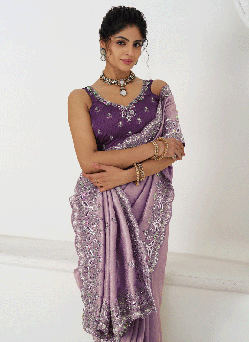 Lavender Viscose Silk Sequins Saree Engagement Wedding Functions