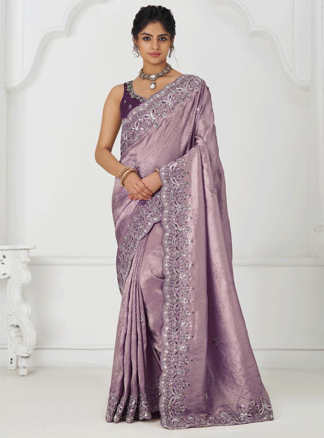 Lavender Viscose Silk Sequins Saree Engagement Wedding Functions
