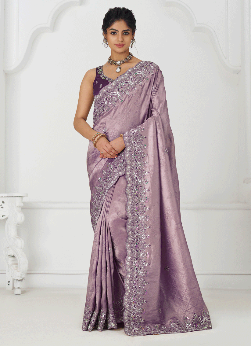 Lavender Viscose Silk Sequins Saree Engagement Wedding Functions