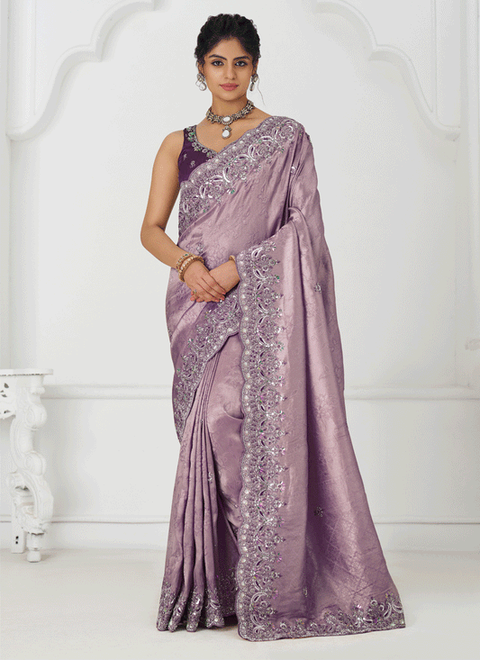 Lavender Viscose Silk Sequins Saree Engagement Wedding Functions