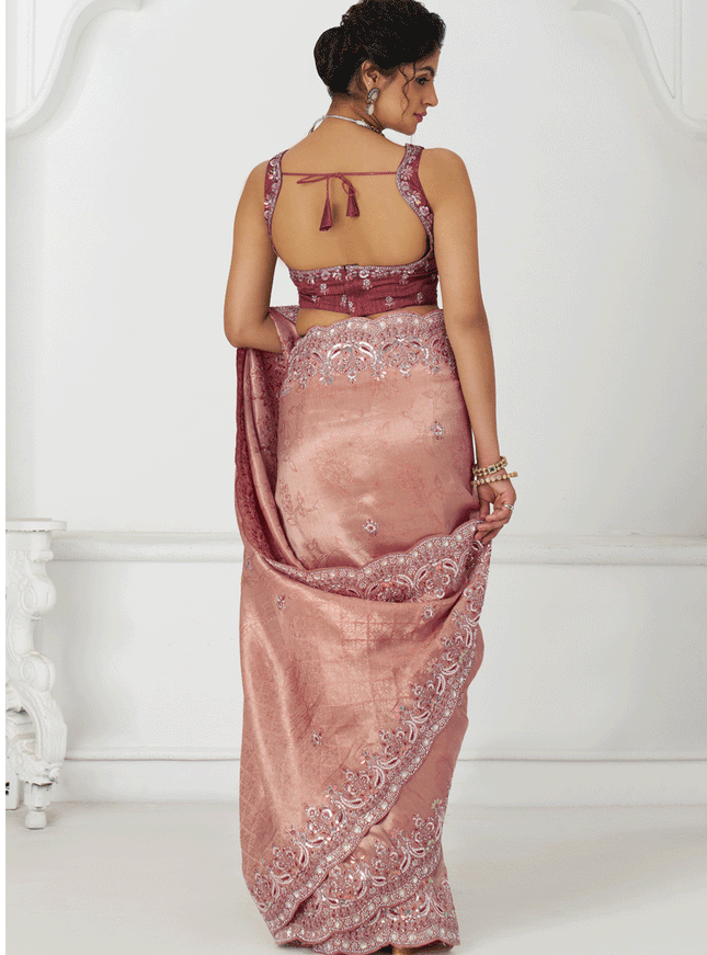 Gorgeous Pink Viscose Silk Sequins Saree Engagement Wedding Functions