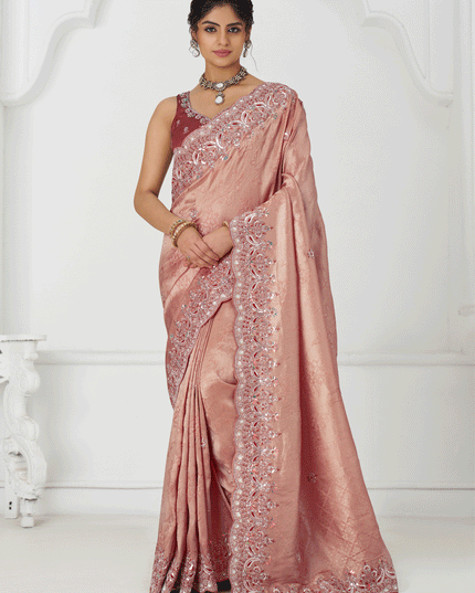 Gorgeous Pink Viscose Silk Sequins Saree Engagement Wedding Functions