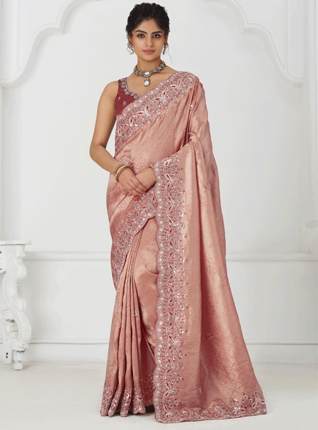 Gorgeous Pink Viscose Silk Sequins Saree Engagement Wedding Functions