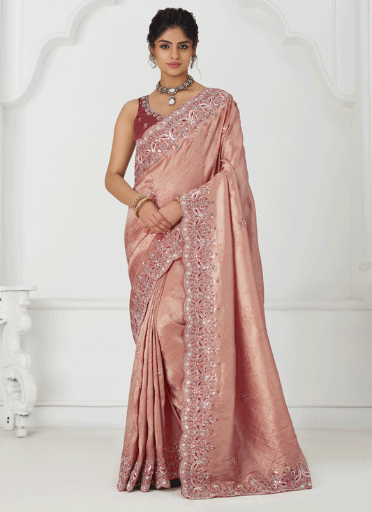 Gorgeous Pink Viscose Silk Sequins Saree Engagement Wedding Functions