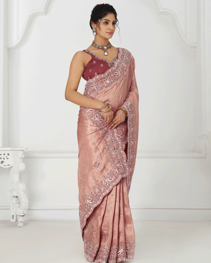 Gorgeous Pink Viscose Silk Sequins Saree Engagement Wedding Functions