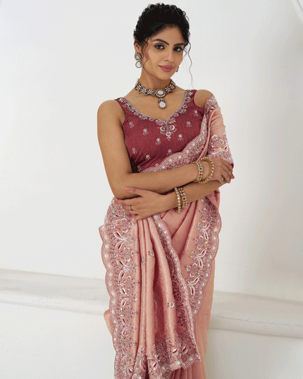 Gorgeous Pink Viscose Silk Sequins Saree Engagement Wedding Functions