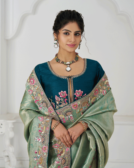 Sage Green Embroidered Zari Saree For Traditional Wear For Engagement Wedding Functions